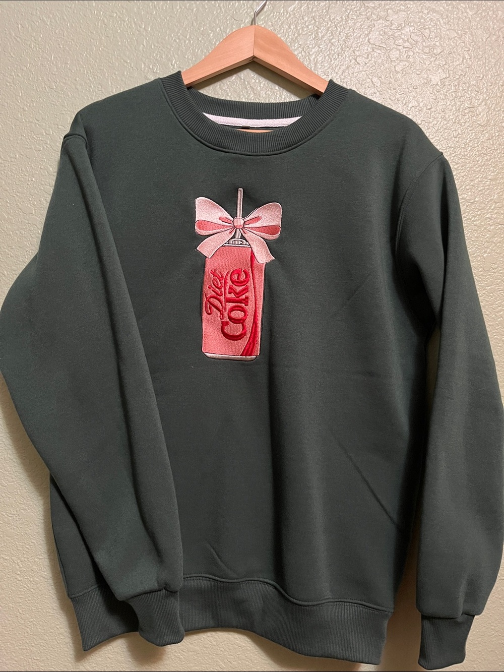 Dark Green Sweatshirt with Pink Soda Diet Coke Can Patch